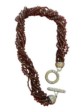 Multi-Strand Glass Brown Beaded Necklace with Decorative Silver-Tone Clasp